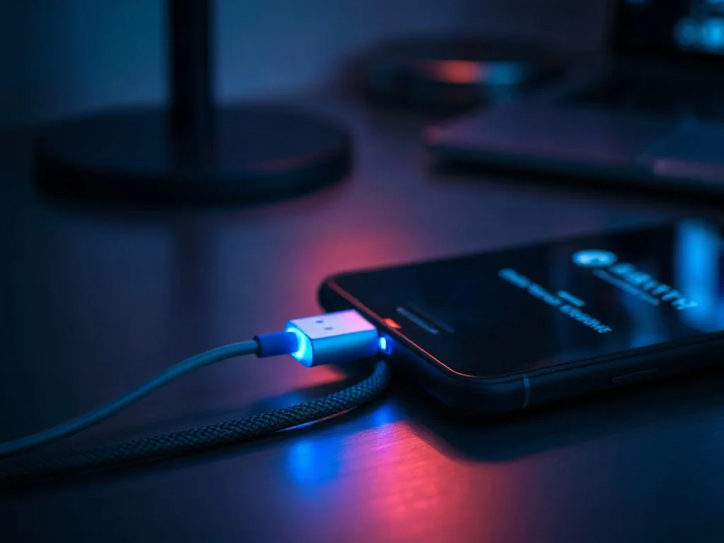 Smartfon podłączony kablem USB-C z niebieską poświatą, symbolizującą proces szybkiego ładowania urządzenia.