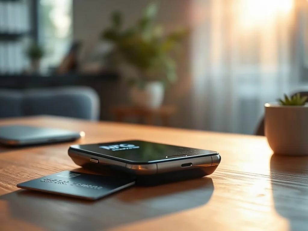 Terminal płatniczy, smartfon z ikoną NFC oraz karta płatnicza na drewnianym biurku, symbolizujące nowoczesne metody płatności.