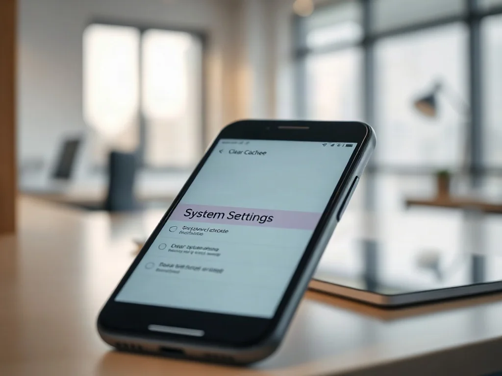 Ekran smartfona z widocznym menu ustawień systemu i wyróżnionym przyciskiem czyszczenia pamięci podręcznej.
