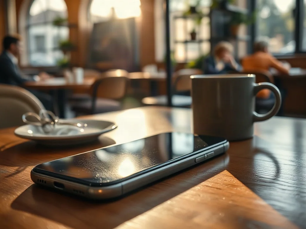 Nowoczesny smartfon leżący na drewnianym stoliku w kawiarni obok parującej kawy, w spokojnym otoczeniu publicznym.