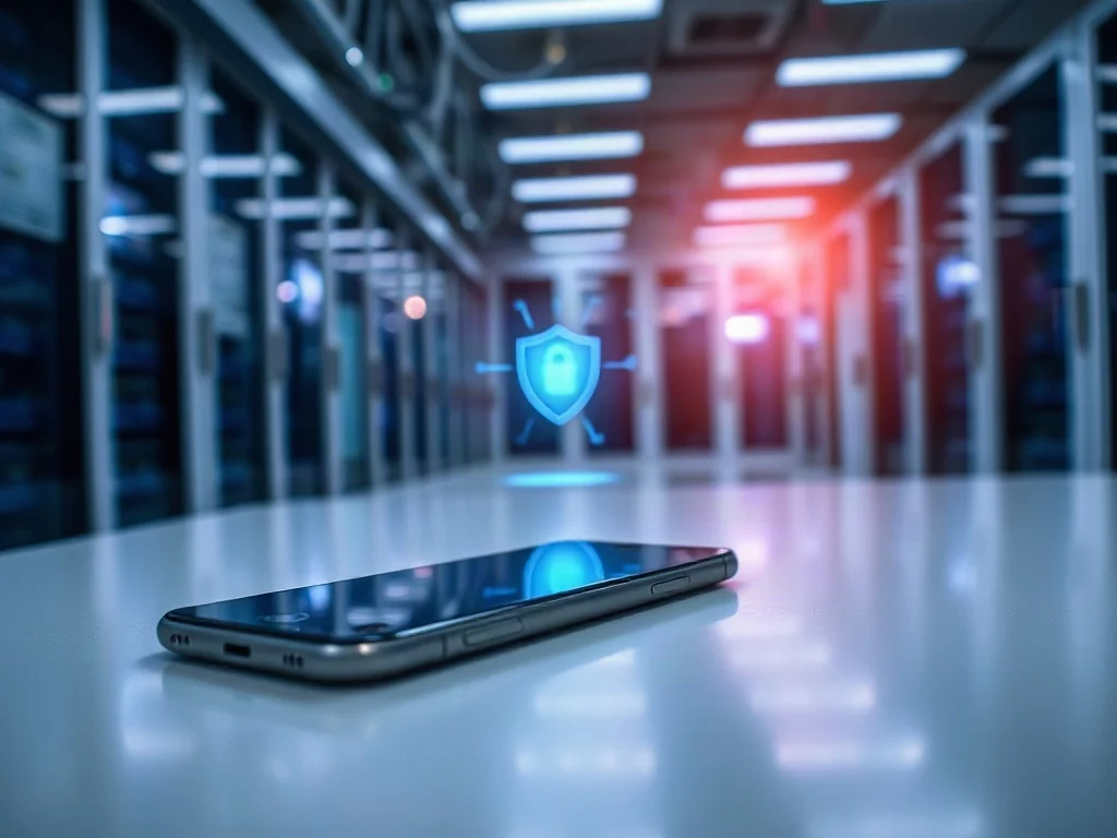 Nowoczesny smartfon na biurku z ikoną tarczy na ekranie, symbolizującą bezpieczeństwo i długie wsparcie aktualizacjami.