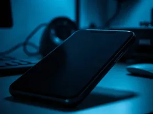 Nowoczesne biurko z laptopem i smartfonem, na których wyświetlają się ikony uporządkowanych folderów i danych.
