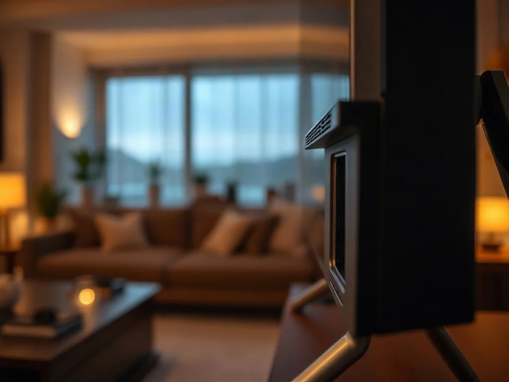 Zbliżenie na port USB umieszczony na bocznej obudowie nowoczesnego telewizora w przytulnym salonie.