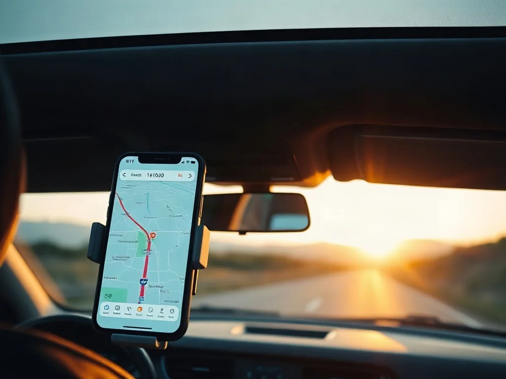 Smartfon zamontowany w uchwycie samochodowym z włączoną nawigacją na tle autostrady o zachodzie słońca.