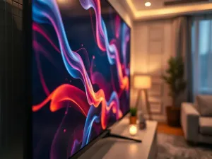 Nowoczesny telewizor w przyciemnionym salonie z subtelnym podświetleniem LED, idealny do wieczornych seansów.