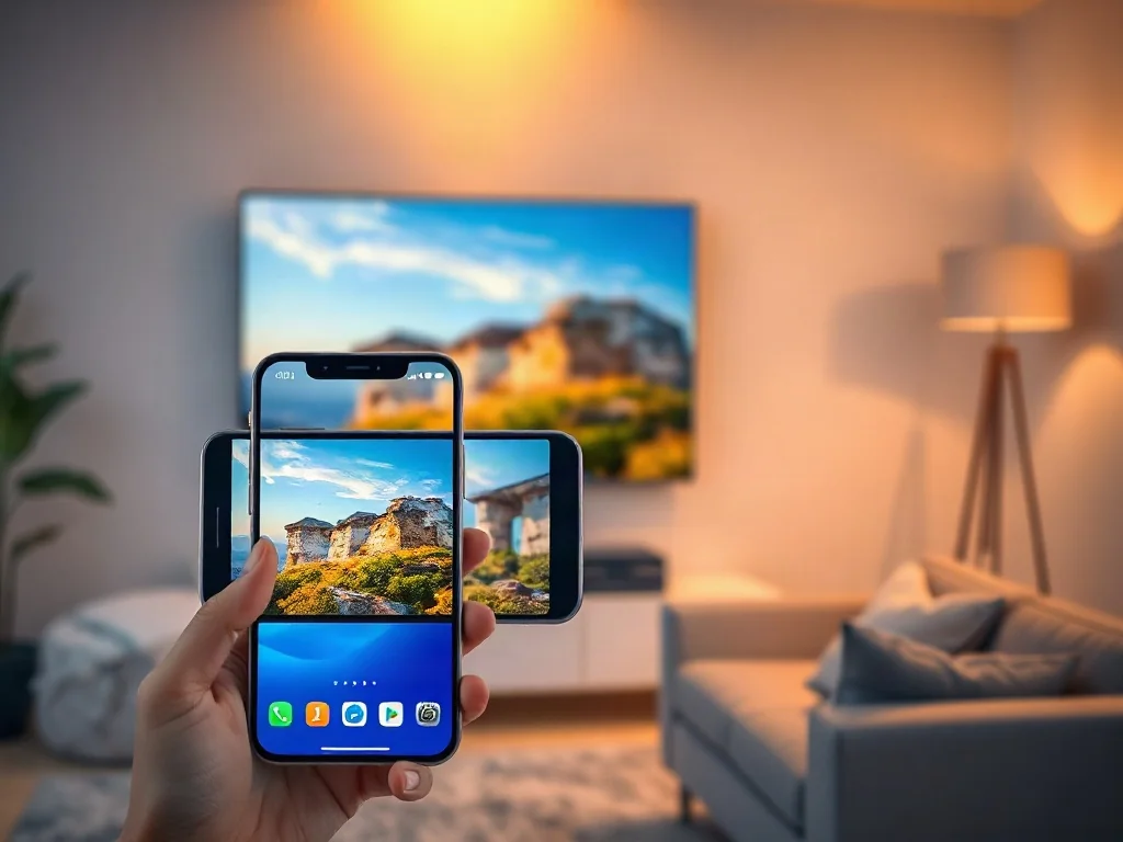 Smartfon bezprzewodowo przesyłający obraz na duży telewizor w nowoczesnym salonie, ilustrujący działanie technologii Miracast.