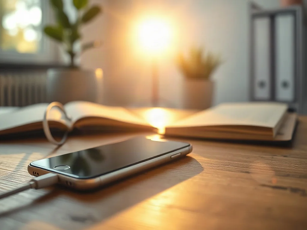 Nowoczesny smartfon podłączony do ładowarki na drewnianym biurku w przytulnym domowym biurze.