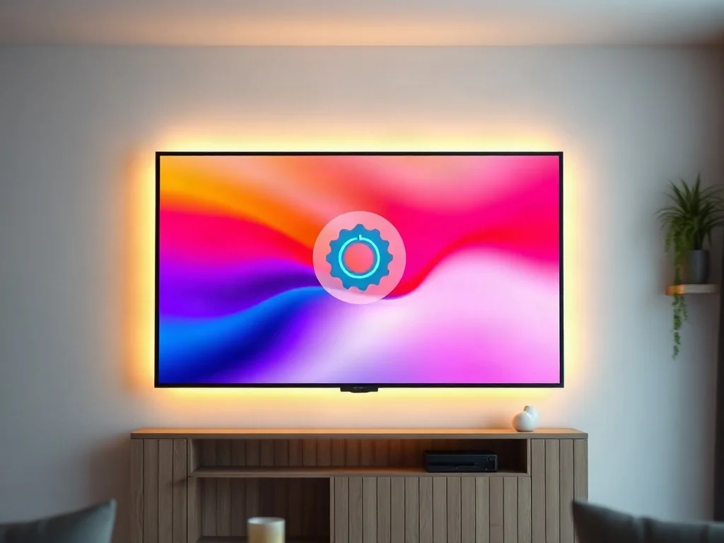 Nowoczesny telewizor z wyświetlonym symbolem ustawień na ekranie w przytulnym salonie.