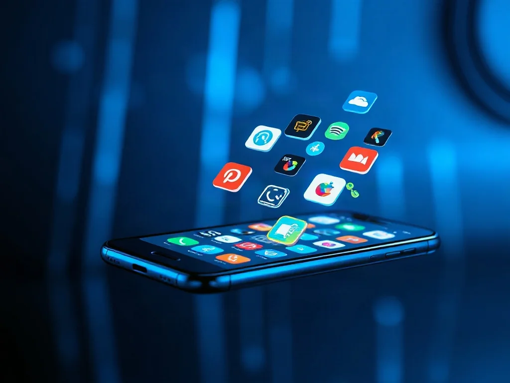 Futurystyczny ekran smartfona z unoszącymi się ikonami aplikacji, symbolizujący nowoczesne oprogramowanie i cyfrową różnorodność.