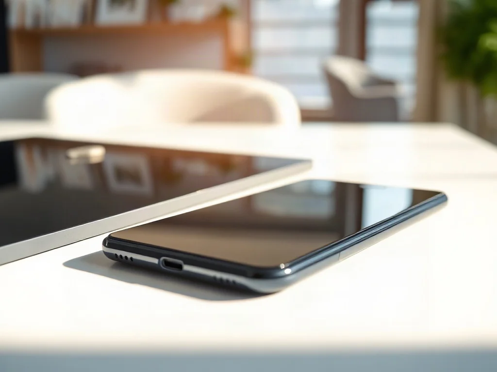 Nowoczesny smartfon i tablet leżące na biurku, symbolizujące proces przesyłania danych między urządzeniami mobilnymi.