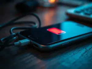 Smartfon podłączony kablem USB-C z niebieską poświatą, symbolizującą proces szybkiego ładowania urządzenia.