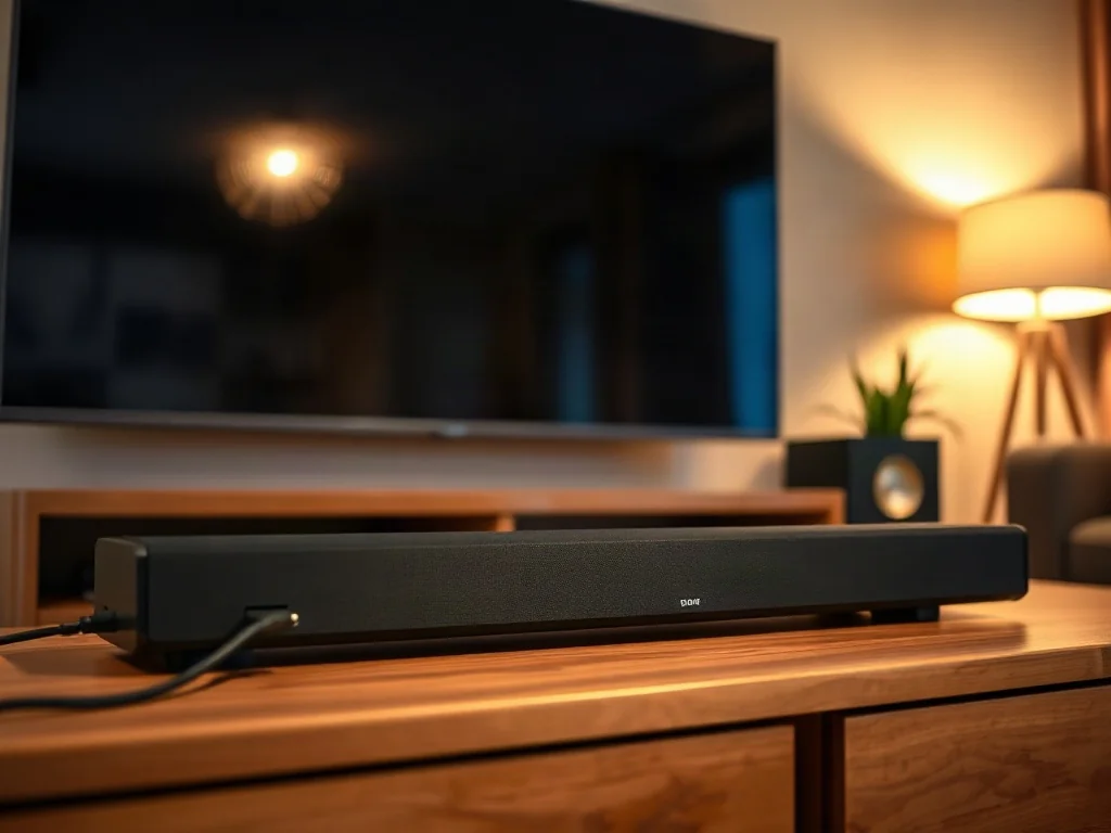 Nowoczesny soundbar pod telewizorem w przytulnym salonie, z widocznymi złączami i kablami audio.