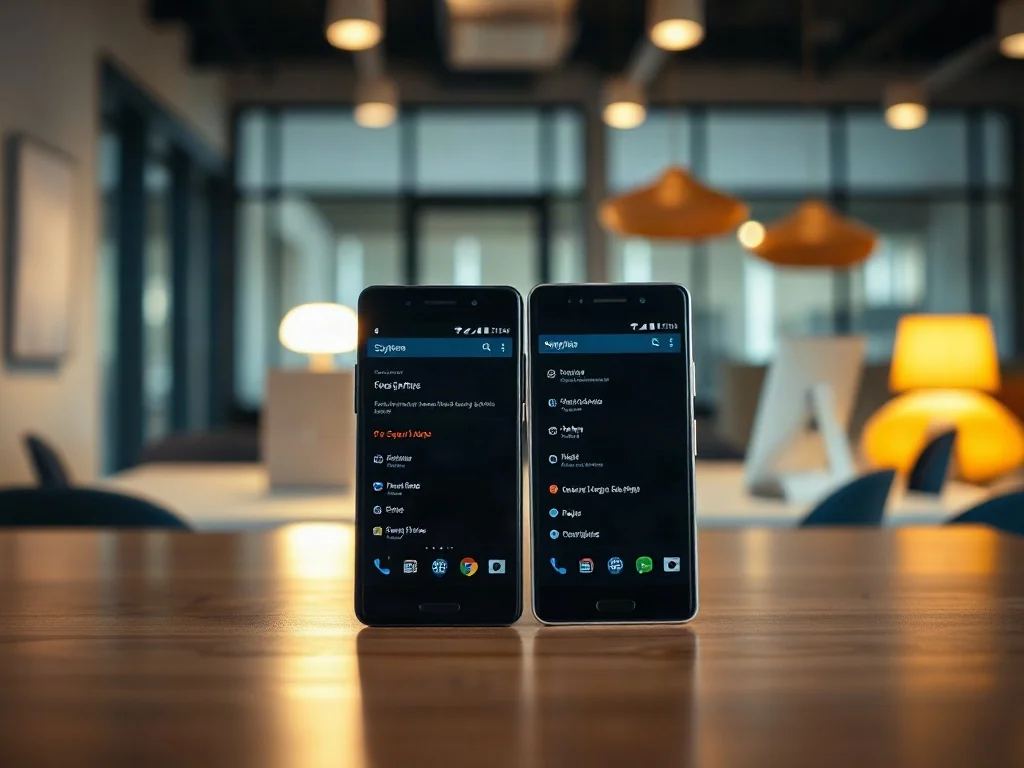 Dwa nowoczesne smartfony Samsung i Xiaomi leżące obok siebie na drewnianym biurku, prezentujące ekrany ustawień systemowych.