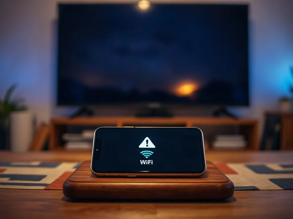 Ekran smartfona z ikoną błędu połączenia Wi-Fi na tle wyłączonego telewizora, ilustrujący problem z parowaniem urządzeń.