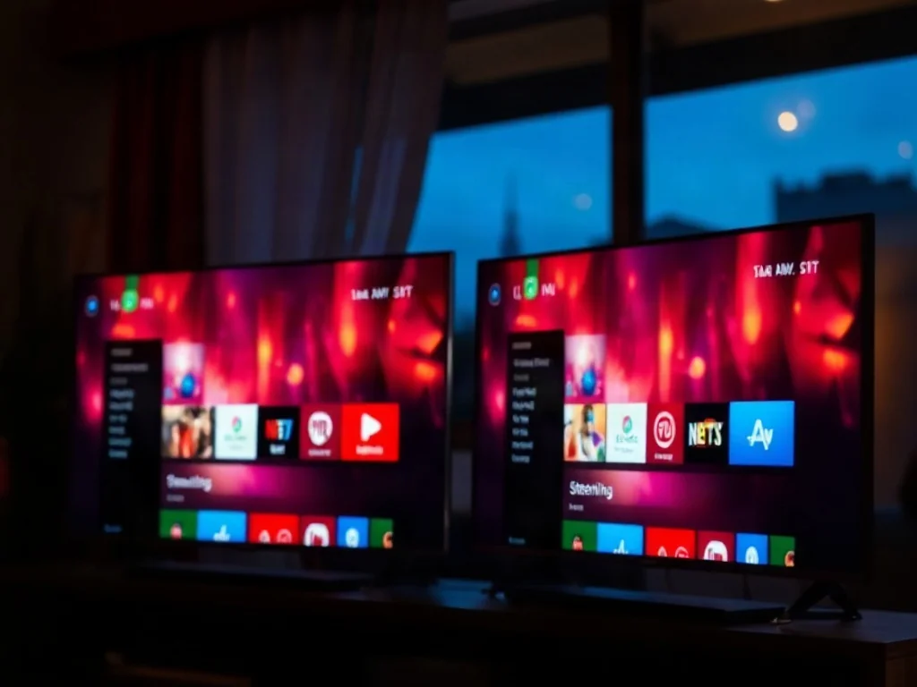 Dwa nowoczesne telewizory z interfejsami systemów smart TV stojące obok siebie w przytulnym salonie.