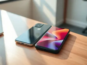 Zabytkowy telefon z ekranem dotykowym na drewnianym biurku w ciepłym świetle popołudniowego słońca.