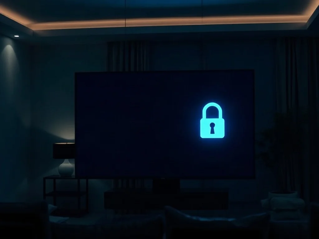 Nowoczesny telewizor z ikoną tarczy na ekranie, symbolizujący prywatność i bezpieczne korzystanie z trybu incognito.