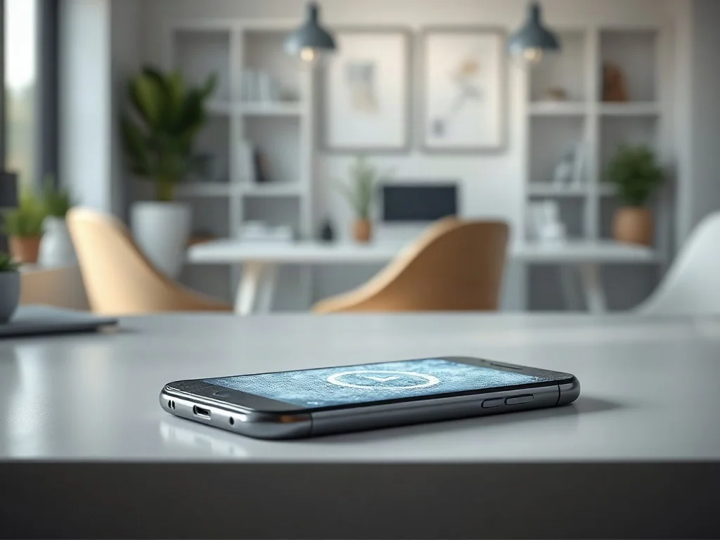 Smartfon leżący na biurku z ikoną ładowania na ekranie, symbolizujący zawieszenie urządzenia podczas aktualizacji systemu.