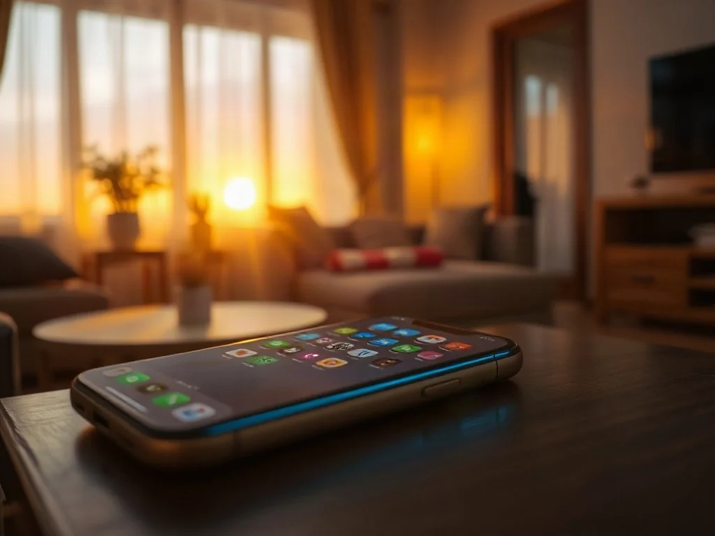 Smartfon na drewnianym biurku z powiadomieniami z mediów społecznościowych, symbolizujący cyfrowe przebodźcowanie.