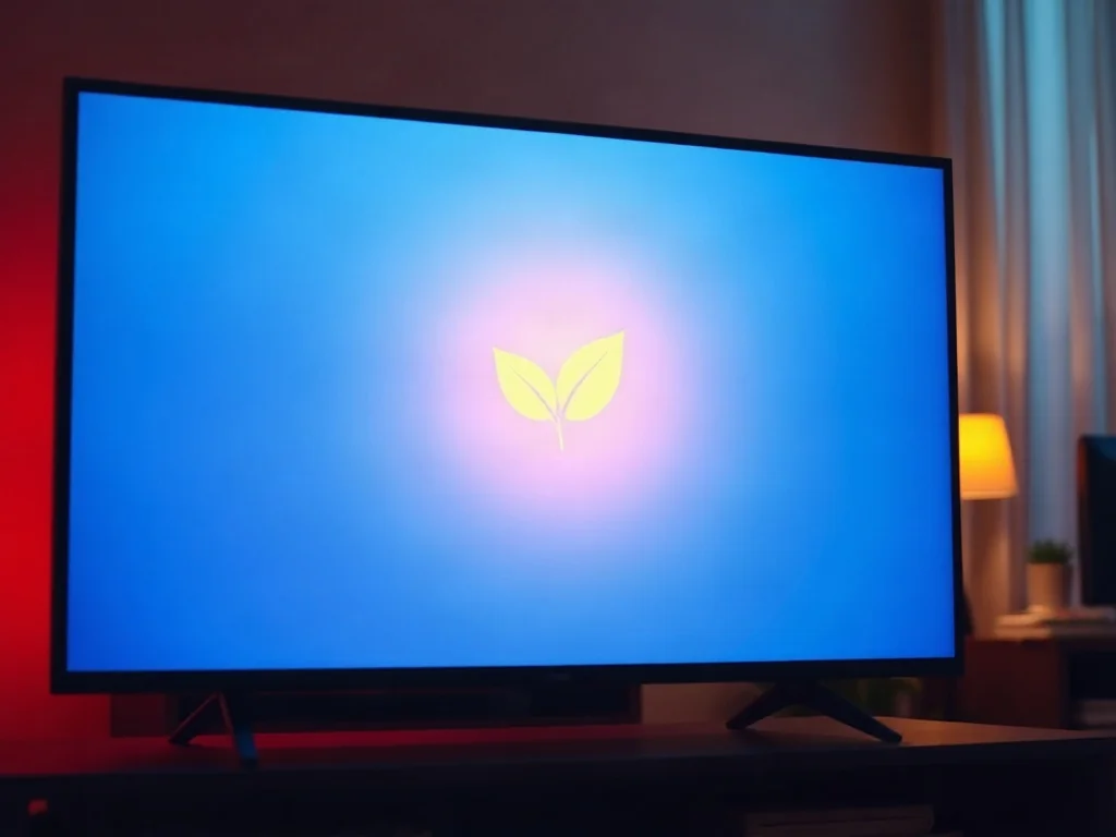 Nowoczesny telewizor z ikoną liścia na ekranie, symbolizującą tryb energooszczędny w przyciemnionym wnętrzu.