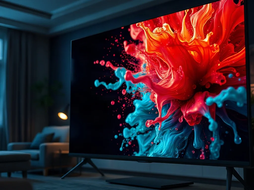 Zbliżenie na ekran telewizora 4K wyświetlający nasycone, żywe kolory, obrazujące szeroką paletę barw urządzenia.