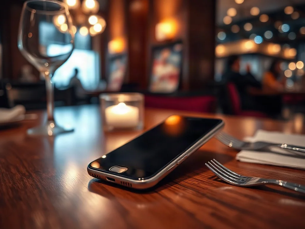 Nowoczesny smartfon leżący ekranem do dołu na restauracyjnym stole, ilustrujący zasady dyskretnego korzystania z telefonu.