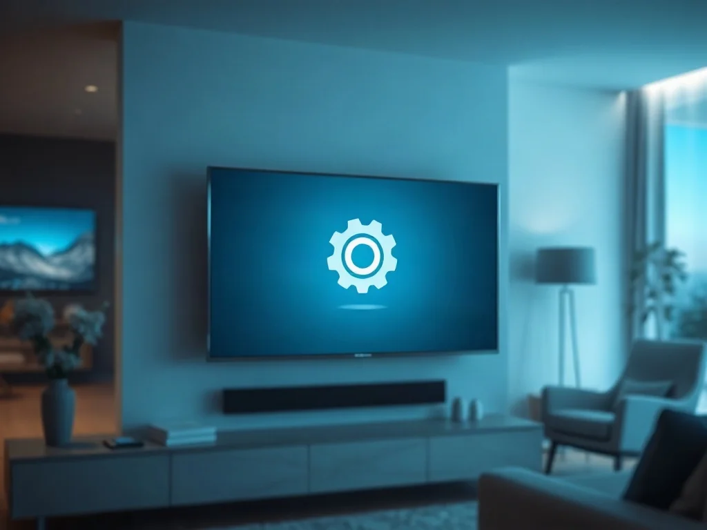 Nowoczesny telewizor Smart TV z ikoną ustawień na ekranie, symbolizującą konfigurację prywatności i śledzenia.