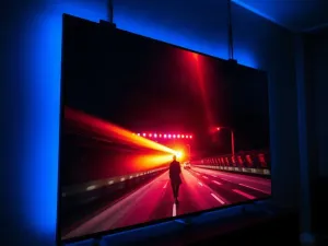Smartfon i laptop na drewnianym biurku z cyfrową ikoną synchronizacji, symbolizującą płynne przesyłanie danych między urządzeniami.