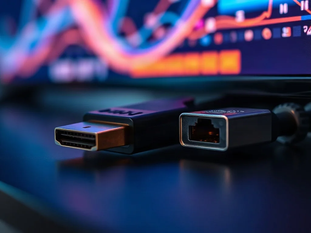 Złącza HDMI i DisplayPort leżące obok siebie na ciemnym tle, gotowe do podłączenia do telewizora.