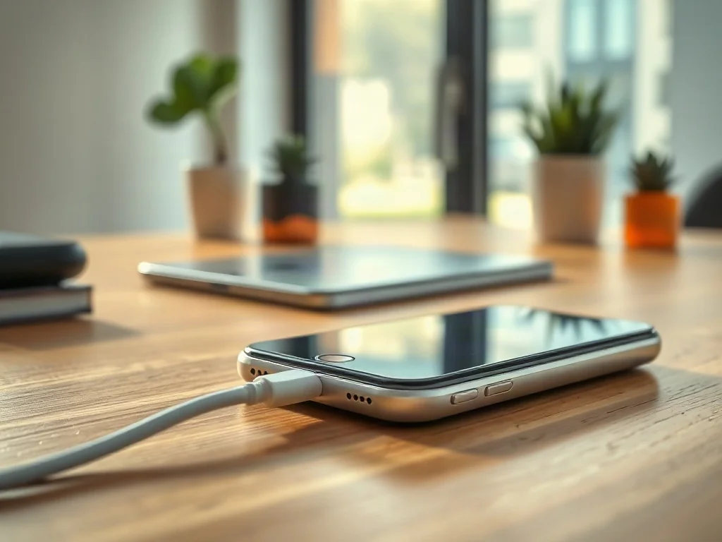 Nowoczesny smartfon podłączony do ładowarki na drewnianym biurku w słonecznym, minimalistycznym biurze.
