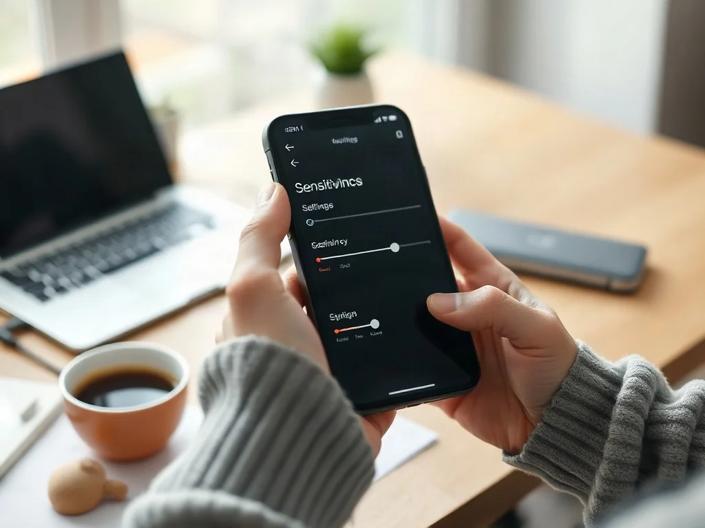 Dłoń trzymająca smartfon z otwartym menu ustawień czułości ekranu dotykowego w domowym biurze.