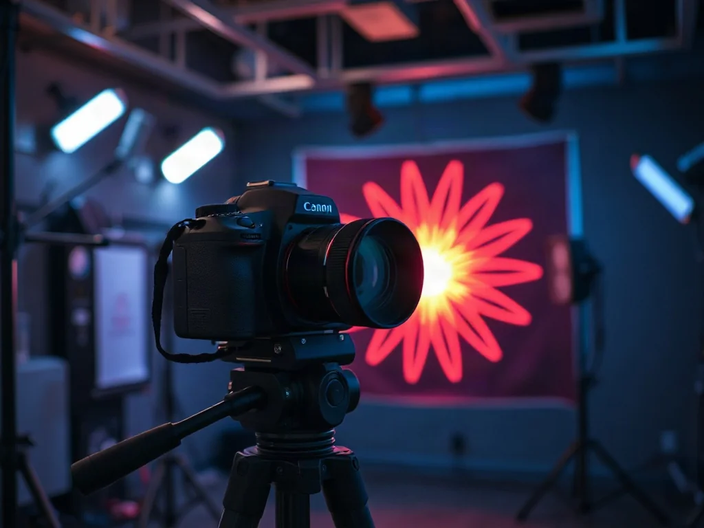 Profesjonalny aparat na statywie skierowany na abstrakcyjną instalację świetlną w studiu fotograficznym.