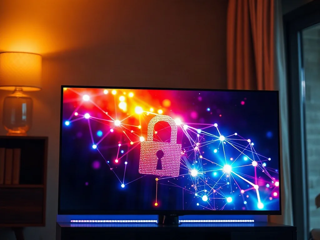 Nowoczesny telewizor Smart TV w przytulnym salonie, wyświetlający cyfrową sieć symbolizującą prywatność danych.