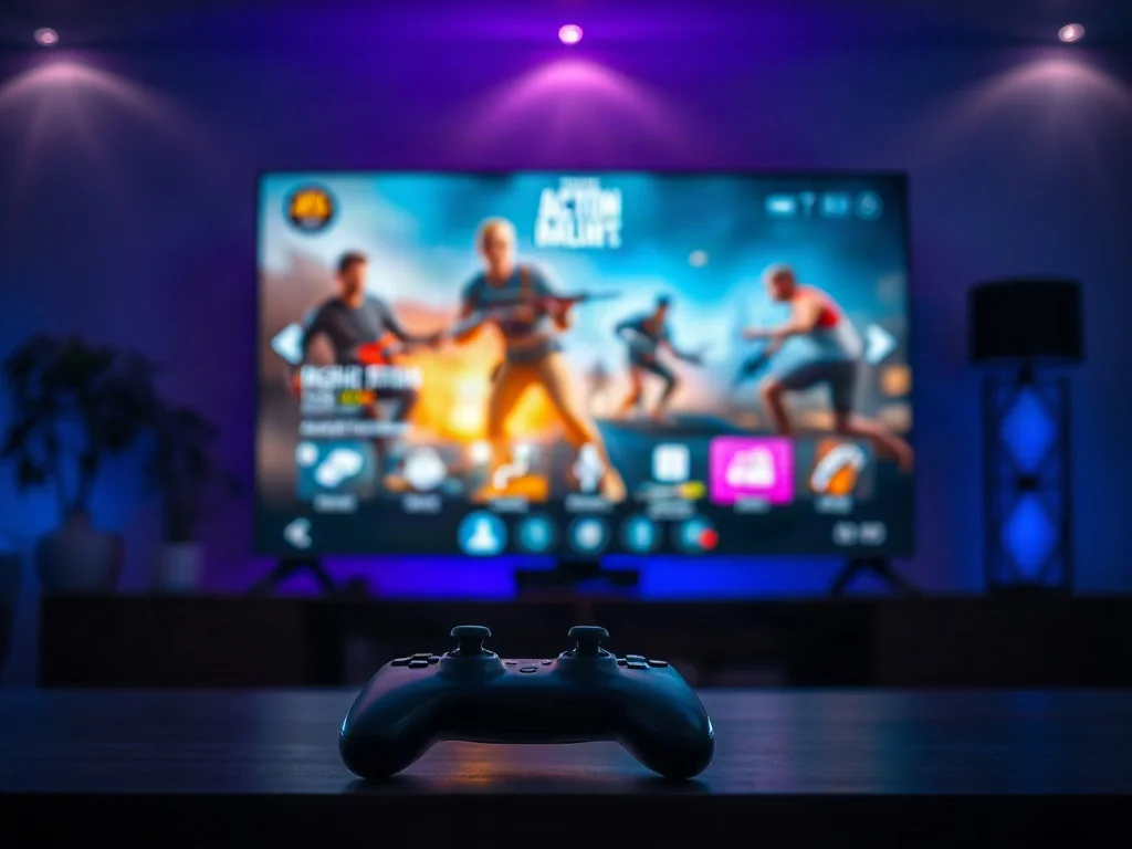 Nowoczesny telewizor z włączoną grą wideo i bezprzewodowy kontroler na stoliku, ilustrujące działanie cloud gamingu.