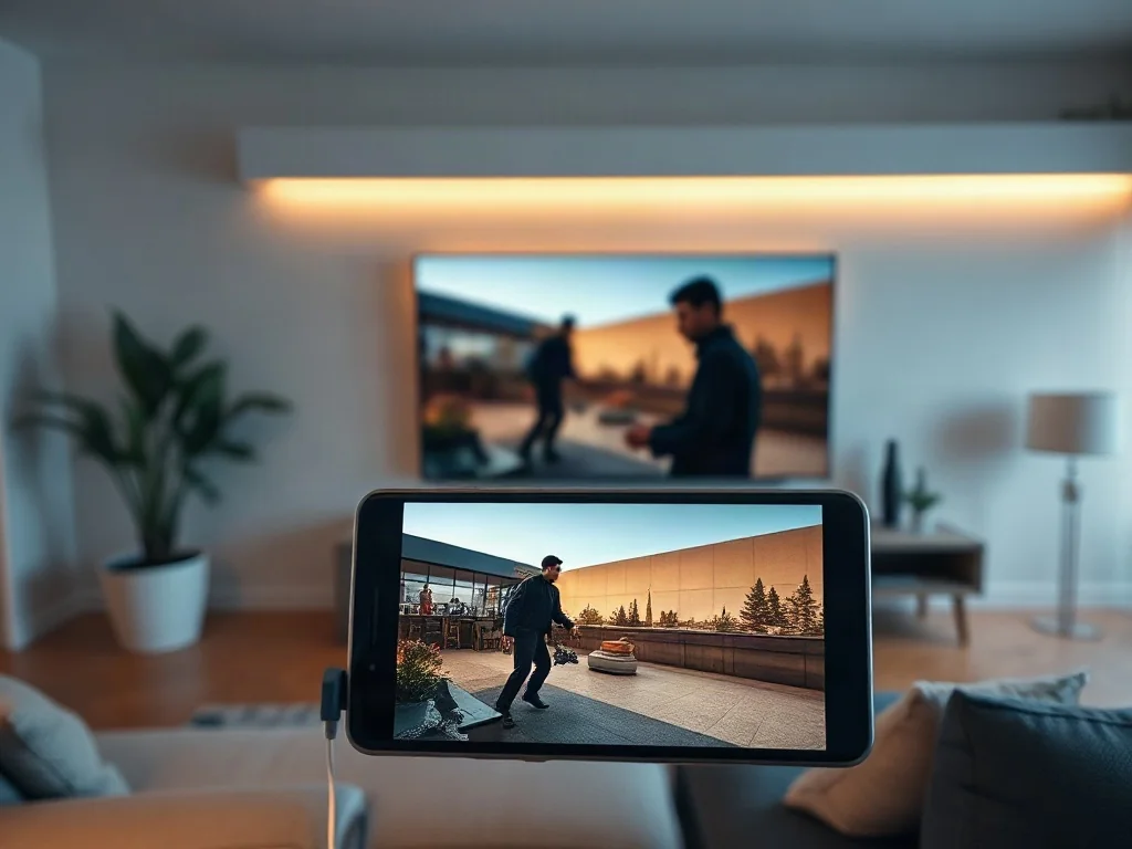 Smartfon przesyłający film na ekran telewizora 4K w nowoczesnym salonie.