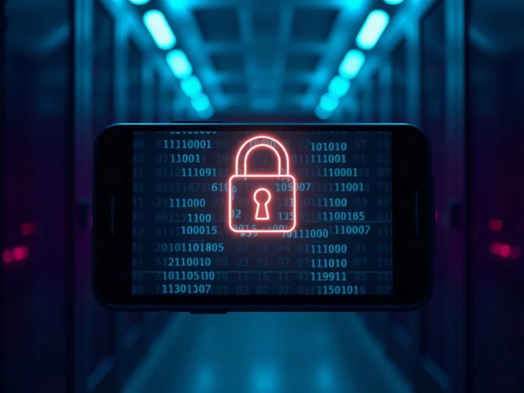 Świecąca cyfrowa kłódka na ekranie smartfona z zakłóconym kodem binarnym, symbolizująca zagrożenie atakiem ransomware.