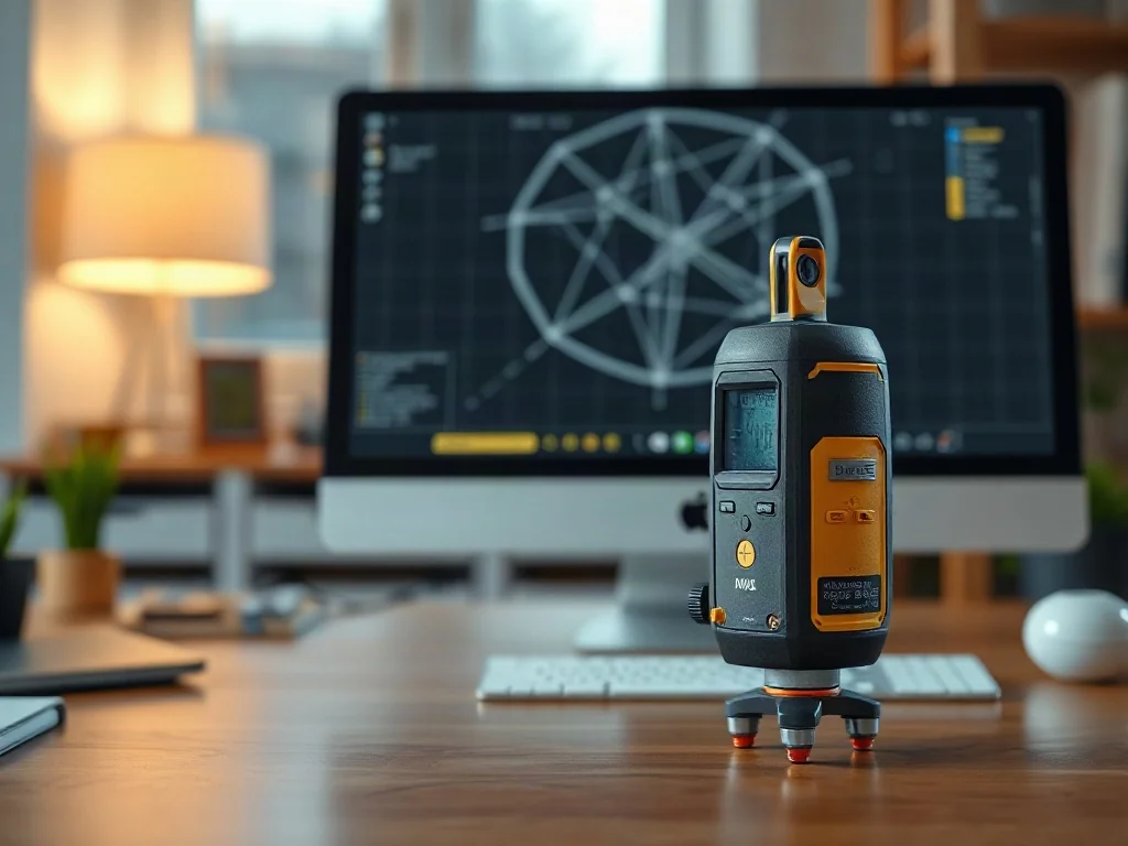 Laserowy dalmierz na biurku przed monitorem z siatką geometryczną, ilustrujący proces pomiaru odległości od ekranu.