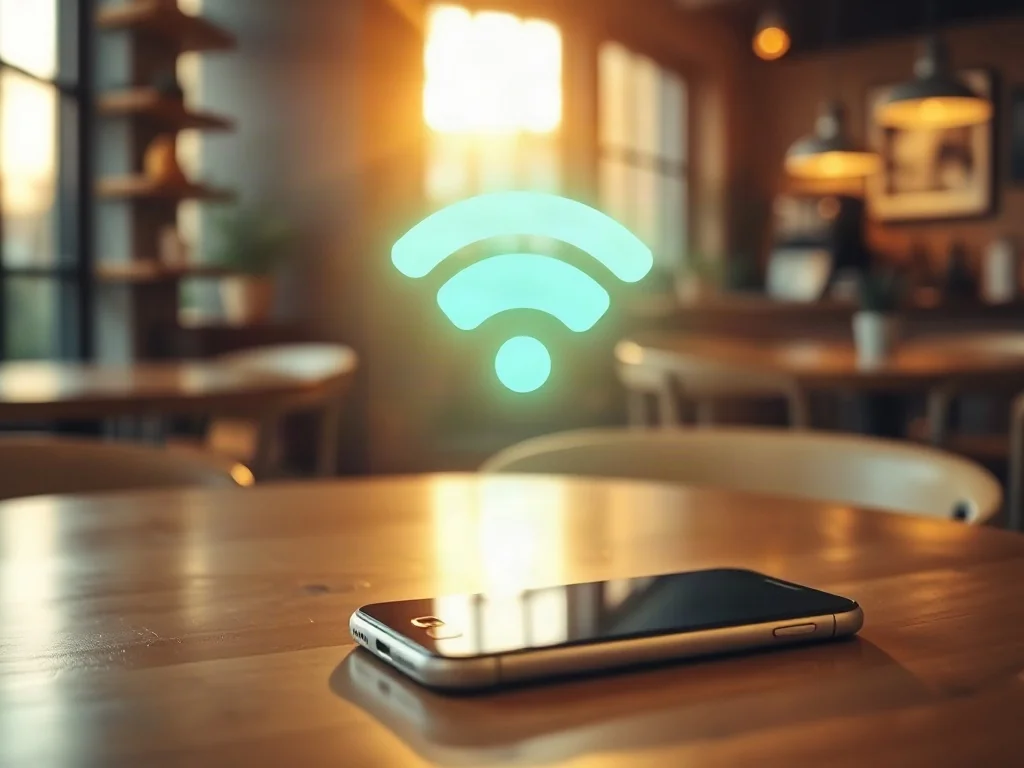 Świecąca ikona Wi-Fi nad smartfonem na stoliku w kawiarni, symbolizująca dostęp do bezprzewodowego internetu.