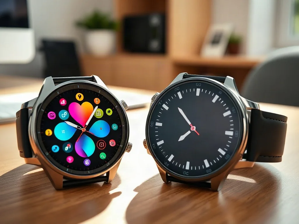 Dwa nowoczesne smartwatche z różnymi interfejsami leżące na drewnianym biurku, prezentujące funkcje zegarków z Androidem i iOS.