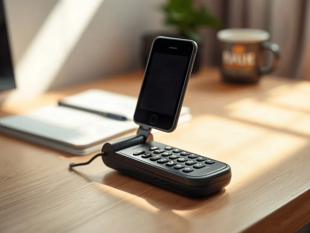 Otwarty telefon z klapką leżący na drewnianym biurku w przytulnym domowym biurze w świetle poranka.