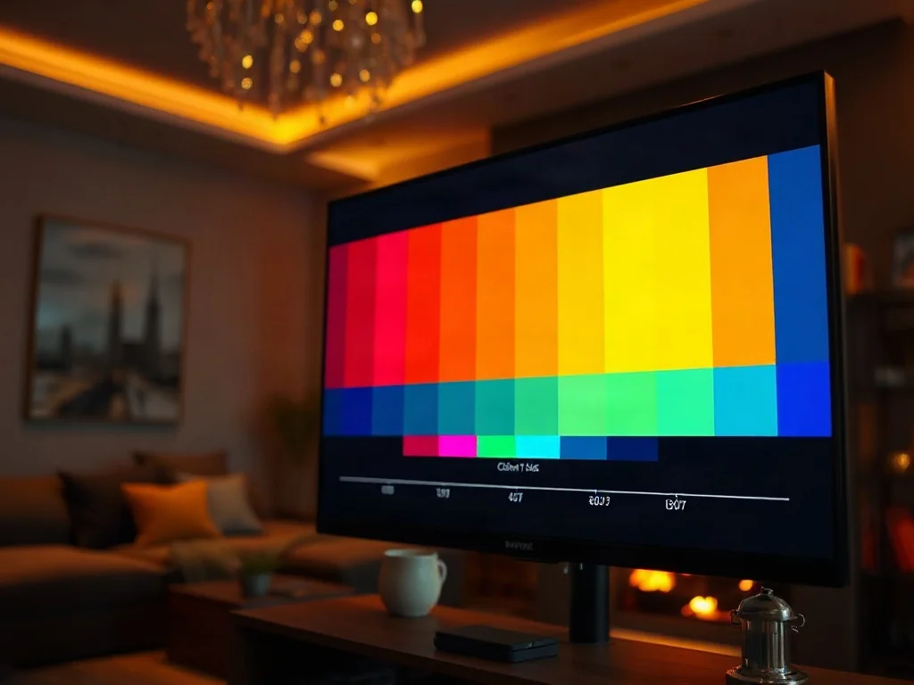 Ekran nowoczesnego telewizora wyświetlający wzór testowy do kalibracji kolorów w przytulnym, wieczornym salonie.