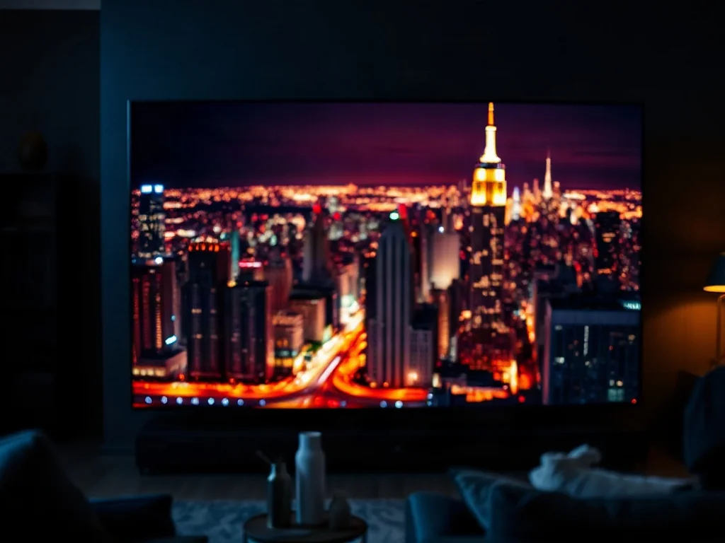 Ekran telewizora z technologią Mini LED prezentujący nocną panoramę miasta z głęboką czernią i wyrazistymi neonami.