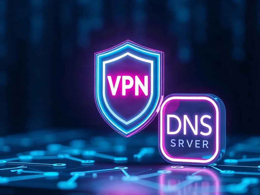 Cyfrowa tarcza chroniąca węzeł sieci obok ikony serwera DNS, ilustrująca różnice między technologią VPN a prywatnym DNS.