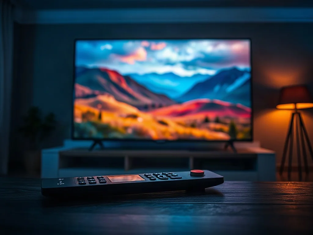 Nowoczesny telewizor z wyświetlanym kinowym krajobrazem oraz pilot na drewnianym stole w przytulnym salonie.