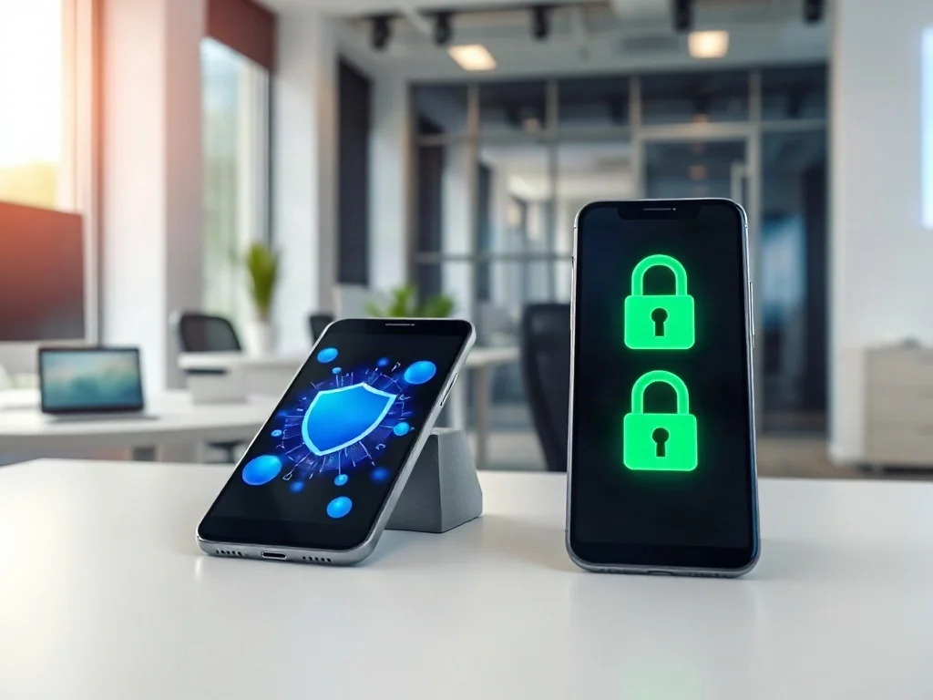 Dwa nowoczesne smartfony na biurku, symbolizujące zabezpieczenia systemów Apple i Android za pomocą ikon tarczy i kłódki.