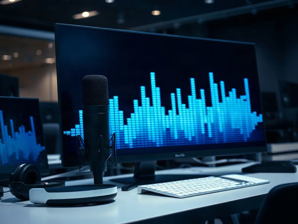 Cyfrowa fala dźwiękowa na monitorze, słuchawki i mikrofon na biurku, symbolizujące konfigurację sprzętu audio.