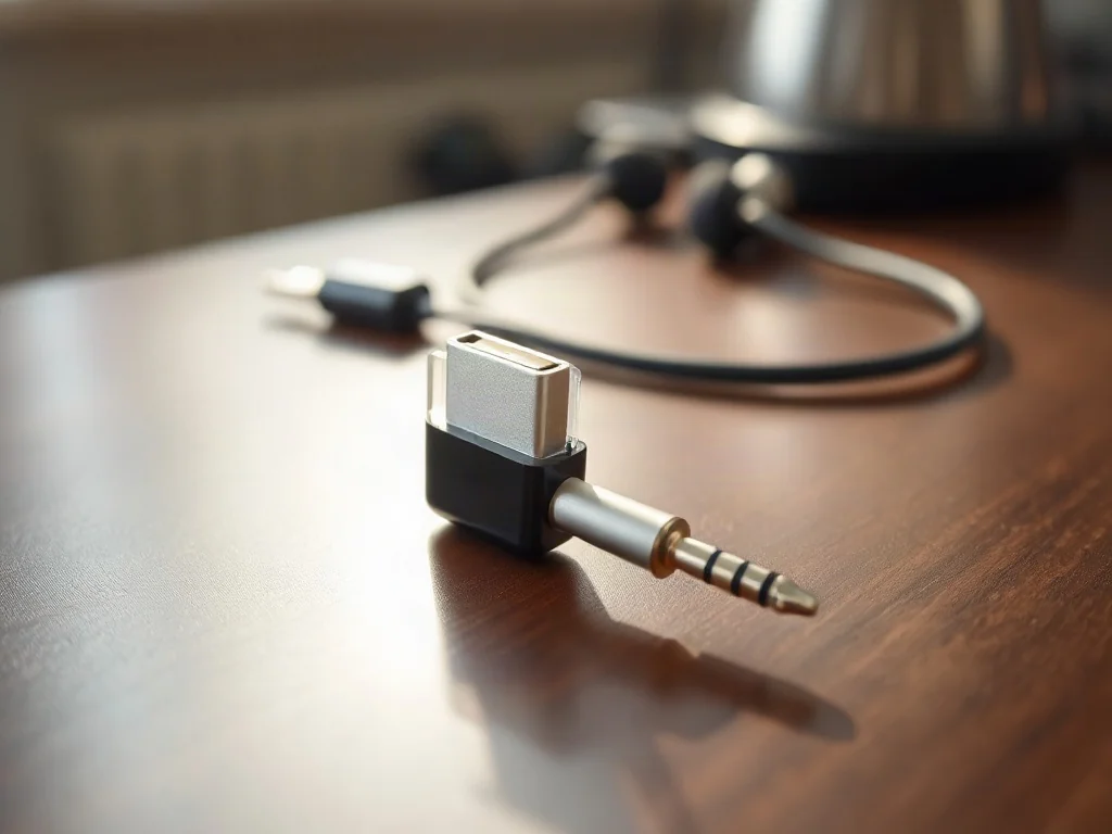 Wysokiej jakości adapter USB-C na jack 3,5 mm leżący na drewnianym biurku obok słuchawek przewodowych.