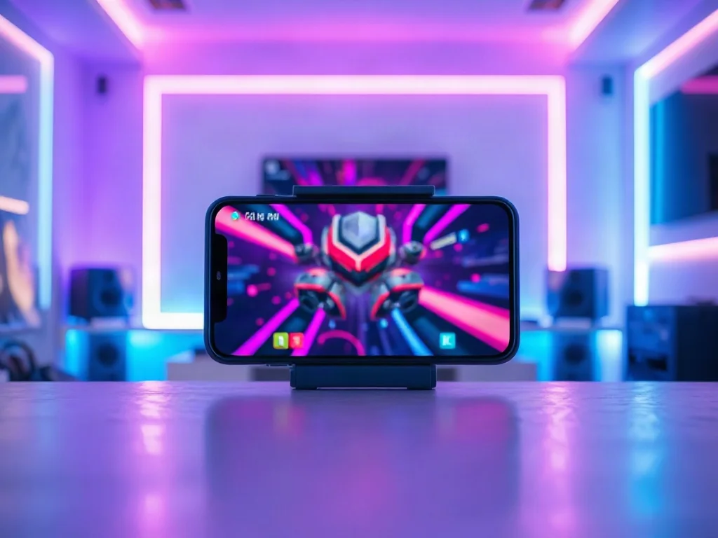 Nowoczesny smartfon z interfejsem gamingowym na biurku z neonowym oświetleniem, gotowy do optymalizacji pod kątem gier.