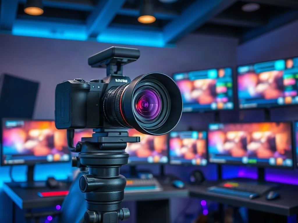 Profesjonalna kamera filmowa 4K na gimbalu w studiu, z rozmytym stanowiskiem do montażu wideo w tle.