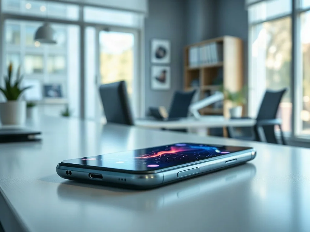 Nowoczesny smartfon na biurku z wizualizacją szybkiego przetwarzania danych, podkreślający wydajność urządzenia do pracy.